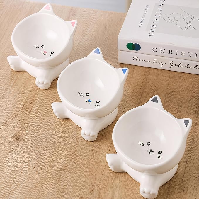 Cat Bowl, Elevated Cat Bowls, 4.9 Inch Cute Kitten Food Bowls for Anti-Vomiting and Whisker Friendly, 3D Raised Ceramic Cats Bowl for Food and Water with 4.5 OZ Capacity, Protects Pet's Spine, 1 Piece