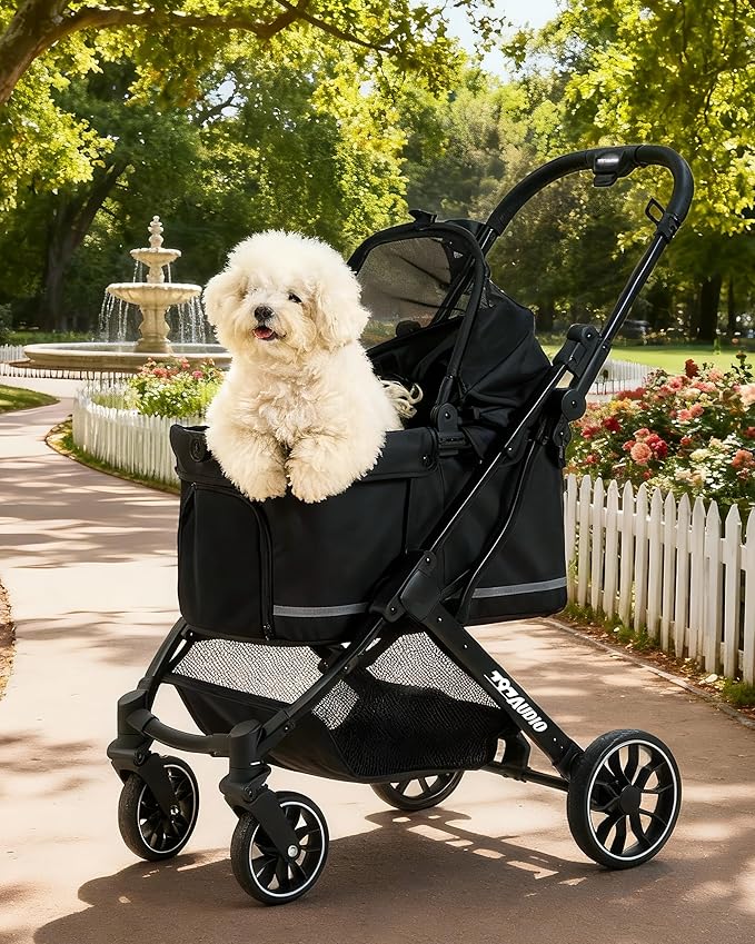 797Audio Dog Stroller for Small Medium Dogs,Pet Stroller for Cats Puppy Up to 121lbs,Foldable,One Click Folding,4 Wheel Shock Absorption,Adjustable Canopy with Sun Shades,Removable Washable Pad(Black)