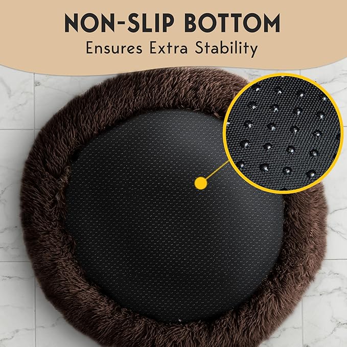 PetJett Calming Dog Beds Large Sized Dog - 36'' Round Bed, Anti-Slip & Washable Super Soft Donut Bed, Fluffy Faux Fur Anti-Anxiety Premium Comfort Pet Bed, Fits Dogs up to 100 lbs - Brown