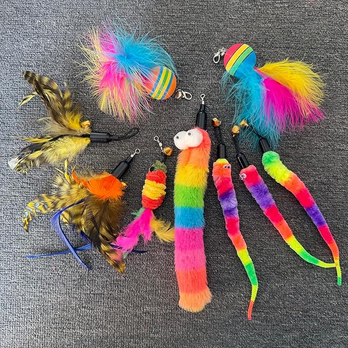 YUBONUS Interactive Cat Wand Toy Complete Set with Pole and 9 Feather Refills Teaser Toy for Indoor Cats Play & Exercise (9 Pcs C)