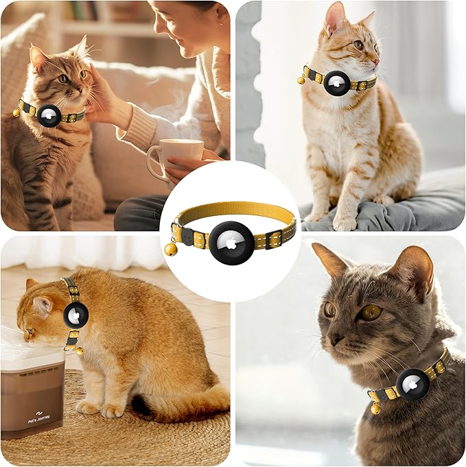 Airtag Cat Collar, Safety Breakaway Cat Collar with Apple Airtag Holder, Reflective Air Tag Kitten Collar with Bell, Adjustable Tracking Collar for Kittens for Boys Girls, Yellow