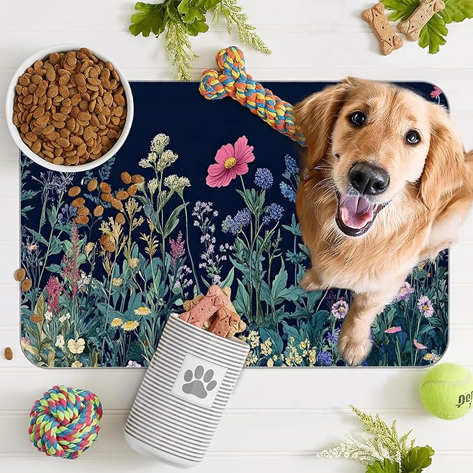 Wildflower Spring Floral Dog Cat Food Mat,Garden Flowers Absorbent Pet Feeding Mat for Food and Water,Non-Slip Dog Bowl Mats Floor Protector 12"x20"