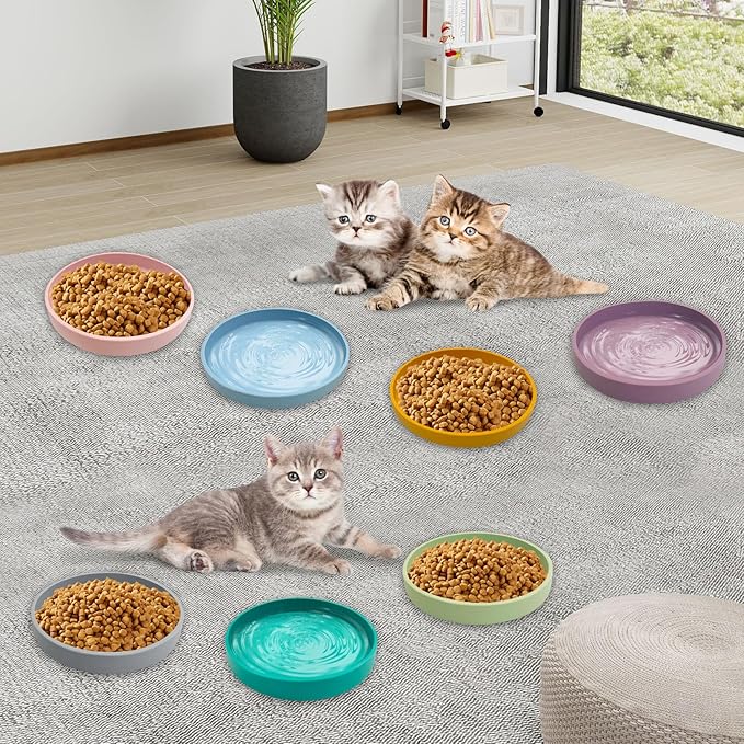 Silicone Cat Food Bowls Shallow Cat Dishes 5.9in Wide Pet Plates Set of 2 Small Flat Dog Saucer Bowl Cute Whisker Fatigue Kitten Feeding Dish for Dry & Wet Food (Round Blue + Pink)