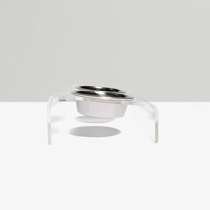 Hiddin Double Slanted Elevated Dog Bowl Stand for Medium or Large Dogs, All Breeds, Clear Acrylic 6 to 7 Inches Raised Dog Bowl Stand with Two Stainless Steel Bowls for Food and Water - 6.5 Cups Dish