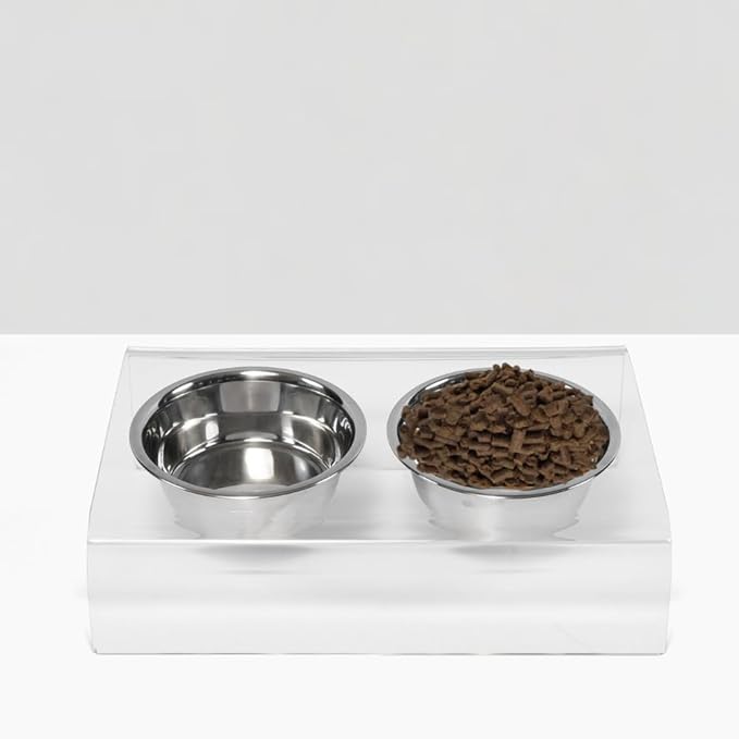 Hiddin Double Slanted Elevated Dog Bowl Stand for Medium or Large Dogs, All Breeds, Clear Acrylic 6 to 7 Inches Raised Dog Bowl Stand with Two Stainless Steel Bowls for Food and Water - 6.5 Cups Dish