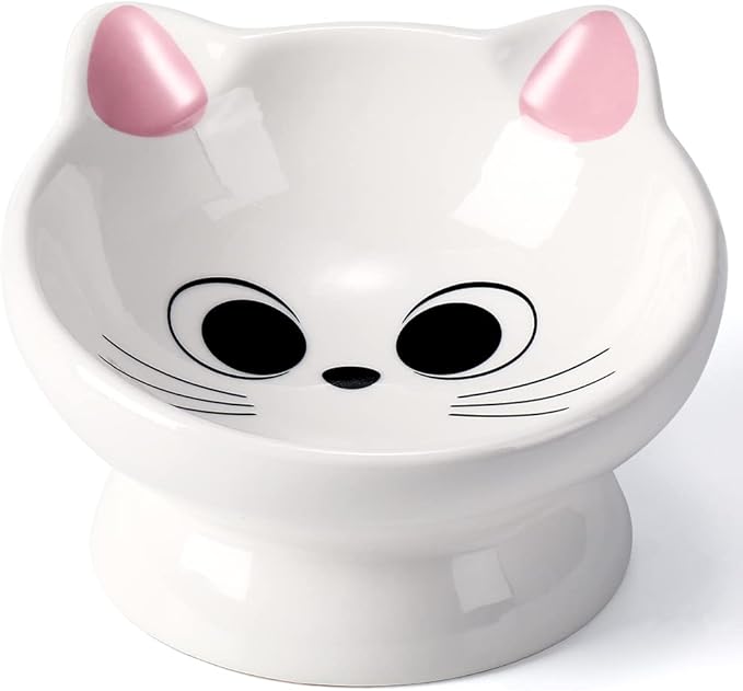 Raised Cat Food Bowl Ceramic 15° Tilted Cat Food Bowls Protect Cat's Spine Anti Vomiting Backflow Prevention Bowls for Adult Kitty, Kitten, and Small Dogs, Pink
