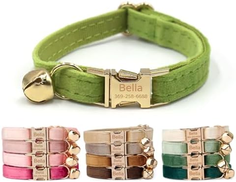 Colorful Velvet Custom Cat Collar, Personalized Cat Collar with Name, Engraved Collar for Small Large Cat Kitten with Bell (Matcha Green,L)