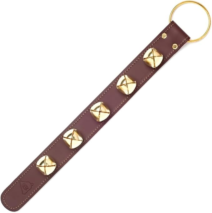 Bevin Bells Leather Sleigh Bell Strap | Five (1 ") Bells | Brown/Brass | Door Hanger | Dog Potty Training | Made of Steel | Christmas Holiday Decoration | Sturdy Hanging Loop | Made in CT, USA