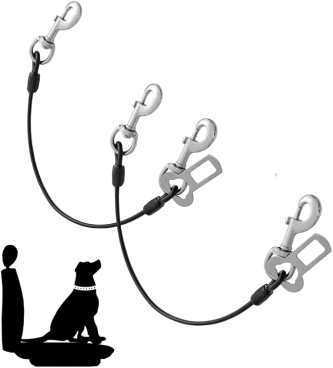 2 Pcs Car Seat Belt Harness for Dog, Dog Seatbelt Clips of Coated Wire Leash Safety Restraint, Metal No Chew Tether Cable Vehicle Dogs Accessories,Double Clips & Buckle Latch (Black)