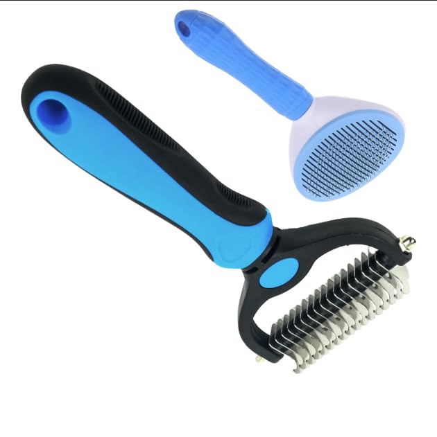 2PCS Pet Grooming Rake&Self Cleaning Slicker Brush，Undercoat Rake for Dogs & Cats ，Detangling and Dematting Long, Matted Fur on Cats and Dogs