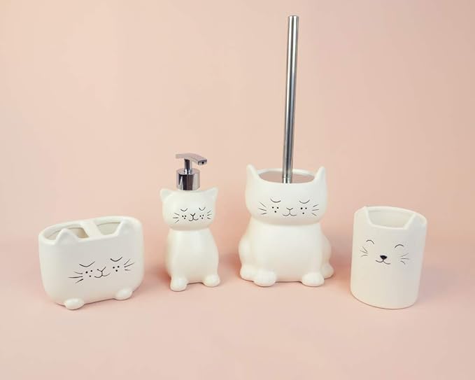 Isaac Jacobs White Ceramic Cat Toilet Bowl Brush Holder with Chrome Metal Handle (Unassembled) - Bathroom Accessory & Cleaning Storage (Cat)