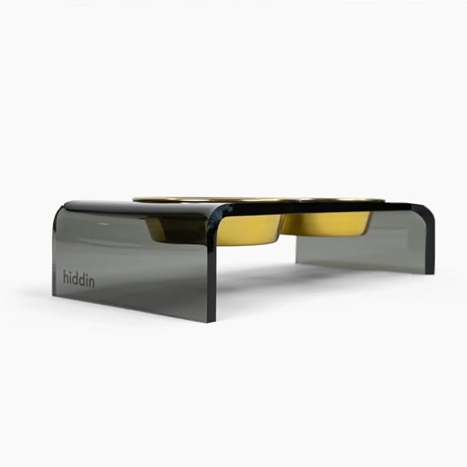 Hiddin Double Elevated Dog Bowl Stand for Small or Medium Dogs, All Breeds, Smoke Grey Acrylic 3.5 Inch Raised Dog Bowl Stand with Two Gold Bowls for Food and Water - 1.5 Cups Each Dish