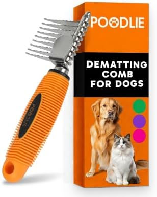 Poodle Dematting Fur Rake Comb Brush for Dogs and Cats - Long 2.5" Steel Safety Blades Metal Comb for Detangling Matted or Knotted Undercoat Hair (Orange)