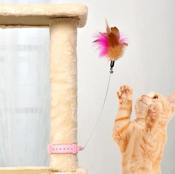 Cat Teaser Kitten Collar Teaser Kitten Teasing Stick Interactive Hands Plume with Collar Bell Self Play Having Fun for Exercise (Pink)