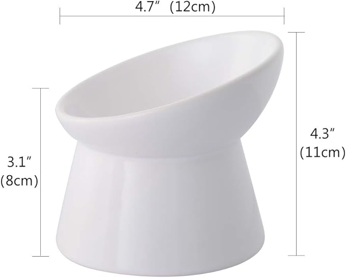 White Small Ceramic Raised Cat Bowls, Tilted Elevated Food or Water Bowls, Stress Free, Backflow Prevention, Dishwasher and Microwave Safe, Lead & Cadmium Free
