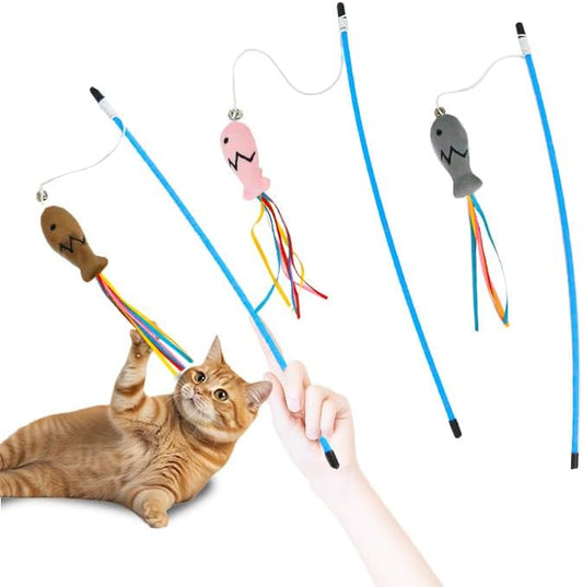 AdoPet Interactive Cat Wand Toy with Plush Fish & Colorful Ribbon Tails – Engaging Play and Exercise Teaser Stick for Indoor Cats and Kittens (Brown/Gray/Pink)