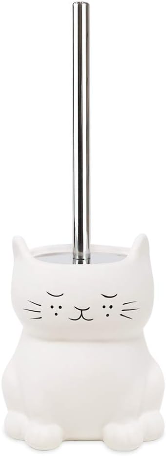 Isaac Jacobs White Ceramic Cat Toilet Bowl Brush Holder with Chrome Metal Handle (Unassembled) - Bathroom Accessory & Cleaning Storage (Cat)