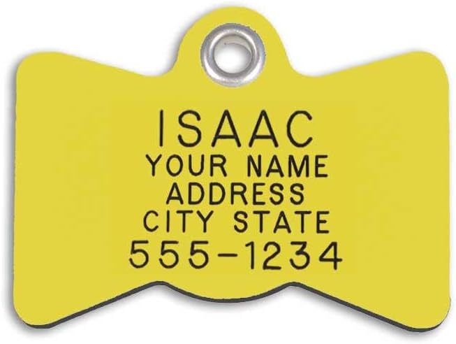 LuckyPet Plastic Pet ID Tags - Dog Personalized IDs - Durable Engraved Name Noiseless Tag - Suitable for Dogs and Cats - Outlasts Most Aluminum Tags - Medium, Yellow Bowtie