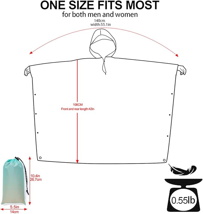 Hooded Rain Poncho for Adult, Waterproof Lightweight Raincoat for Hiking Camping