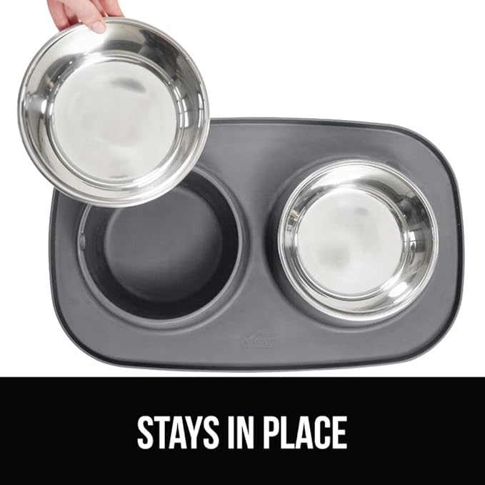 GORILLA GRIP Feeding Mat Set, 3 Cup, Patent Pending 100% Waterproof BPA Free Silicone, Stainless Steel Cat and Dog Bowls, Slip Resistant, High Edges Catch Water Food, US Designed Pet Accessories, Gray