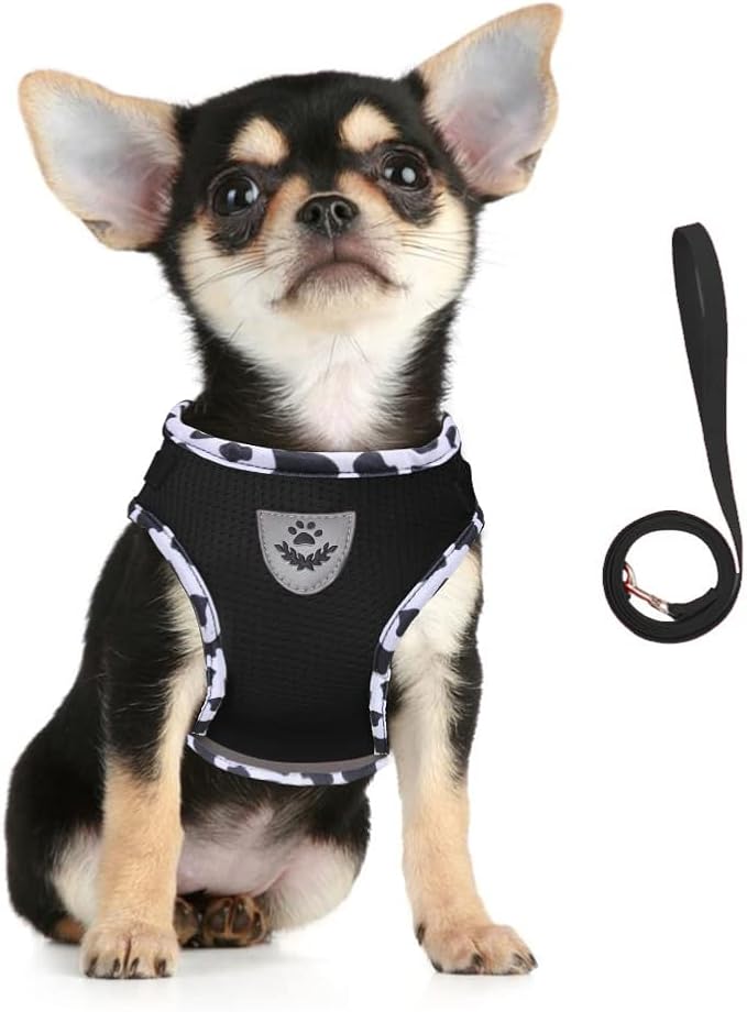 FEimaX Dog Harness and Leash Set for Walking, Soft Mesh Adjustable Easy Control Lightweight Cat Vest Harnesses with Reflective Strips, Escape Proof Small Dogs Cats Vests (Cowblack, X-Small)