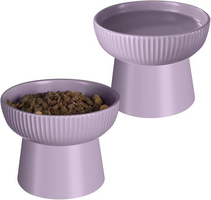Ceramic Elevated Cat Bowls-Water Bowl, 15° Tilted Design, Anti-Vomiting & Spine Protection, Prevent Whisker Fatigue for Kittens to Adult Cats and Small Dogs (Purple-Elevated Cat Bowls-2)