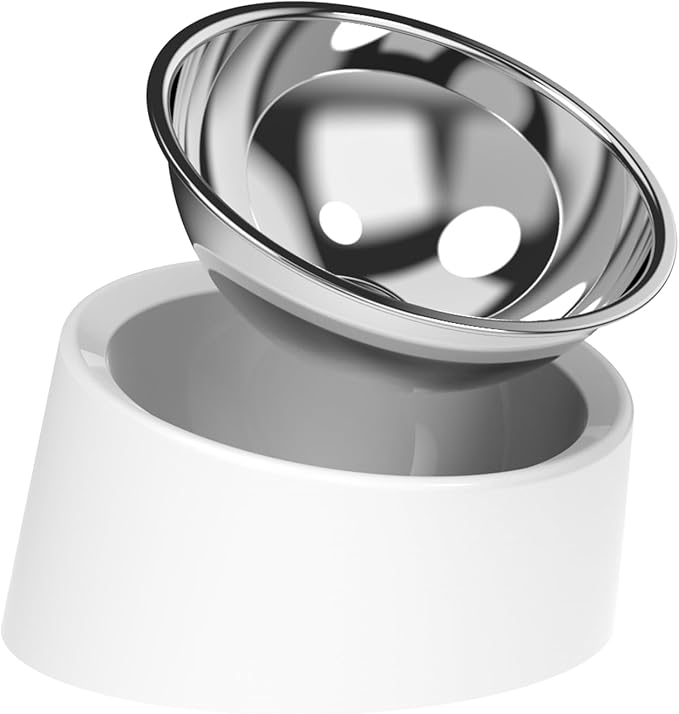 15° Tilted Elevated Dog Bowl, Anti-Choke Non-Slip No-Spill Stainless Steel Pet Feeder, 2-in-1 Detachable Food & Water Dish for Small Medium Large Dogs and Cats, Ergonomic Raised Feeder (White, M)