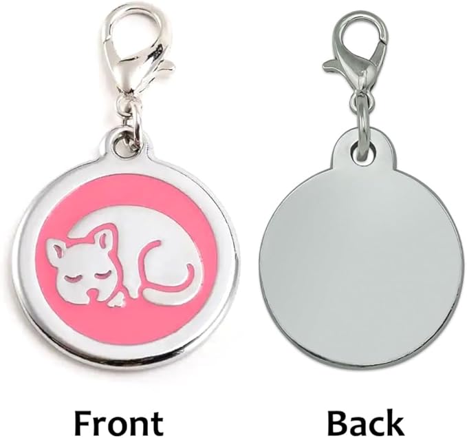 Personalized Sleeping Pet ID Tags with Trigger Snap Hook for Kittens and Cats - cat Name tag for cat Collar (Pink)