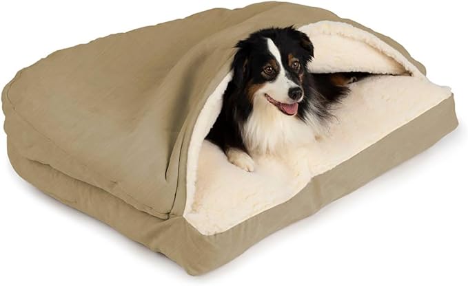 Snoozer Rectangle Cozy Cave Dog Bed - Indoor Dog Bed with Cover Cave, Covered Calming Burrow for Small & Medium Sized Pets with Blanket Attached, Enclosed, Washable Cover - Medium, Khaki