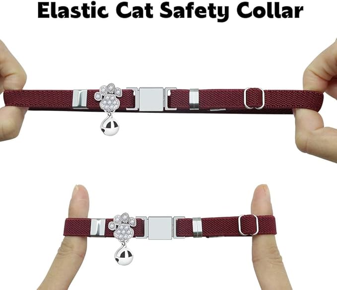 Personalized Safety Elastic Cat Collars with Bell,Laser Customized Stretch Kitten Collars for Girls Boys Cats-Wine Red