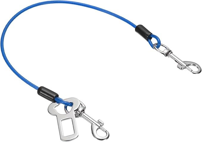 PETAXCELL Chew Proof Dog Leash, 16 in Dog Seat Belt Harness with Double Clips Leash Extender Steel Braided Vehicle Tether, (Blue, 1 Pcs), Intended for Pet Car Safety/Walking/Training