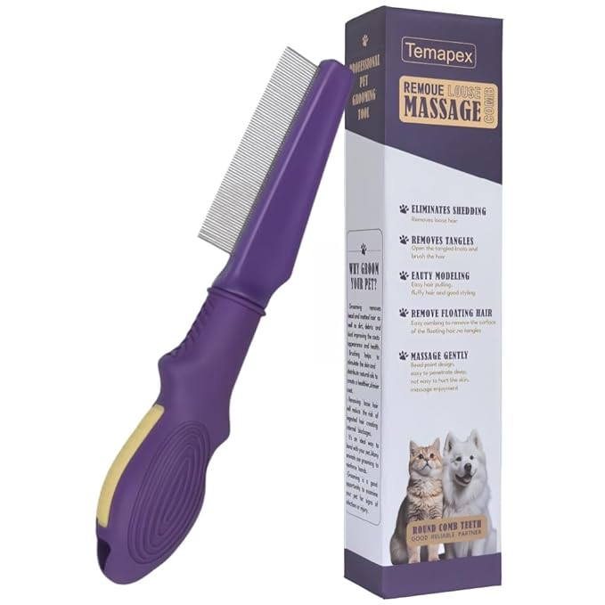 Pet Flea Comb for Dogs & Cats,Removes Tangles & Flea, Tear Stain Removal, Stainless Steel Metal Teeth, Non-slip & Anti-static Rubber Handle, Safe & Gentle Pet Grooming Comb