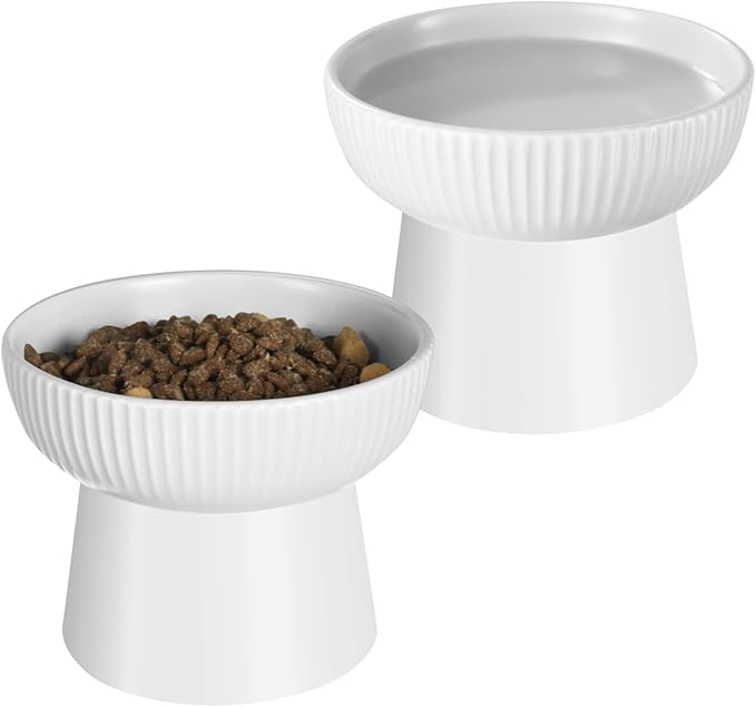 Ceramic Elevated Cat Bowls-Water Bowl, 15° Tilted Design, Anti-Vomiting & Spine Protection, Prevent Whisker Fatigue for Kittens to Adult Cats and Small Dogs (White-Elevated Cat Bowls-2)