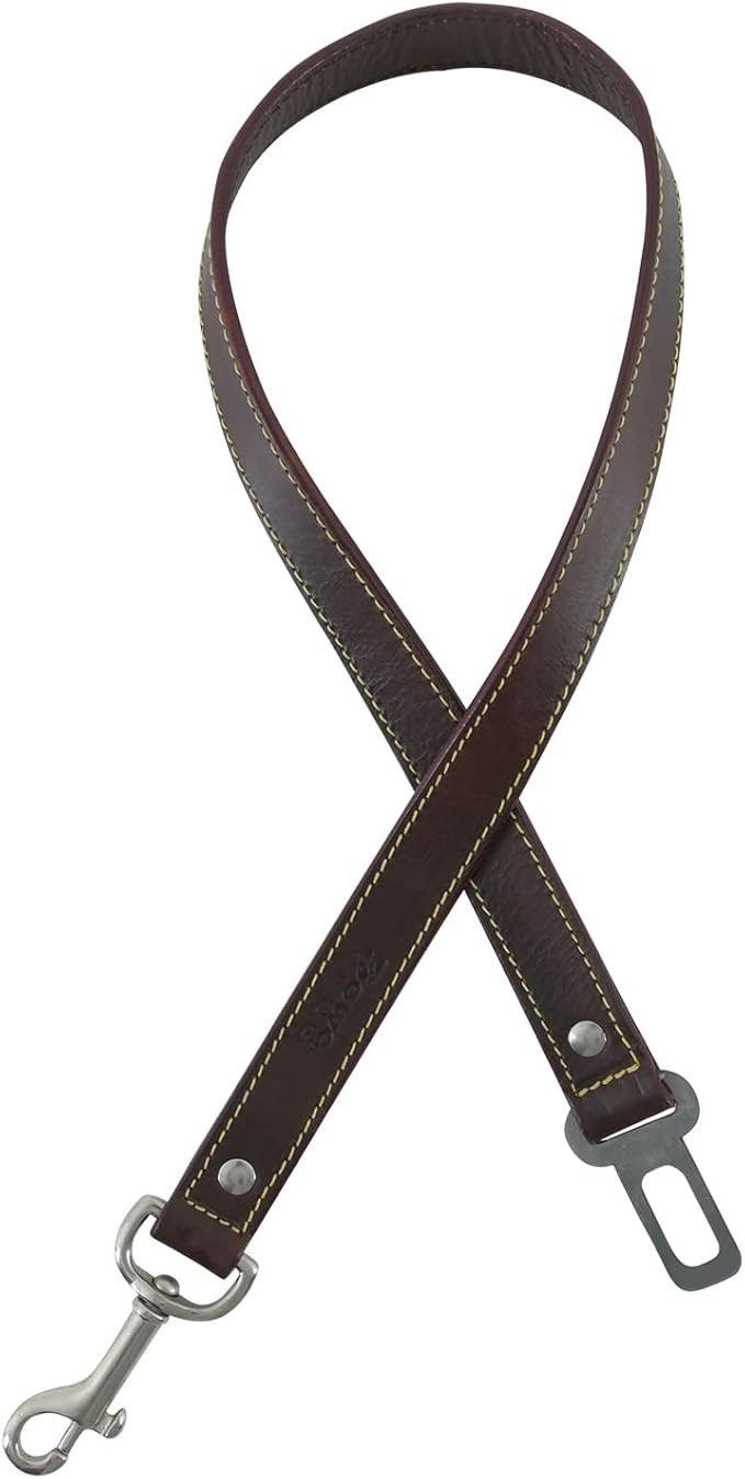 DowgClub Genuine Leather Dog seat Belt for car, Safe Distraction Free Driving, Heavy-Duty Design with Military Grade Hardware, Harness for Small, Medium and Large Pets (Brown, 30")