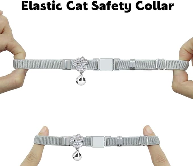 Personalized Safety Elastic Cat Collars with Bell,Laser Customized Stretch Kitten Collars for Girls Boys Cats-Grey