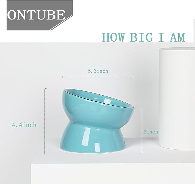 ONTUBE Ceramic Raised Cat Dishes Bowl, Pet Food Bowls,5.3 Inch 10 oz (Blue)