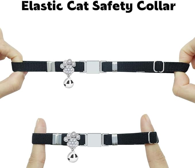 Personalized Safety Elastic Cat Collars with Bell,Laser Customized Stretch Kitten Collars for Girls Boys Cats-Black