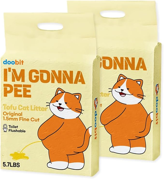 Tofu Cat Litter 1.5mm,Natural Ingredients,Strong Clumping,Toilet Flushable,Solubility in Water,Ultra Absorbent, Really Dust-Free,Less Tracking, I'm Gonna Pee Kitty Litter (5.7lb x 2pack)