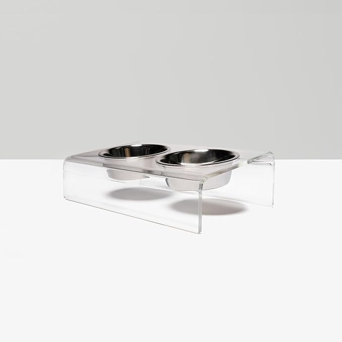 Hiddin Double Slanted Elevated Dog Bowl Stand for Medium or Large Dogs, All Breeds, Clear Acrylic 6 to 7 Inches Raised Dog Bowl Stand with Two Stainless Steel Bowls for Food and Water - 6.5 Cups Dish
