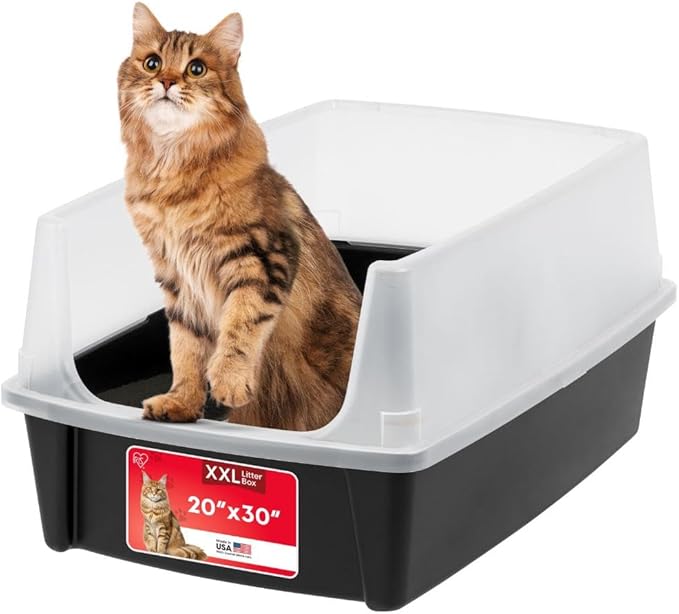 IRIS USA XX-Large Cat Litter Box, Open Top Extra Large Litter Box for Big Cats and Multi-Cat Households, High Sided Scatter Shield, Easy to Clean, 30"L x 20"W x 14"H, Black