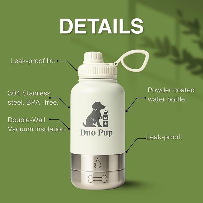 DuoPup 32oz Insulated Stainless Steel Pet Water & Food Bottle – Portable Leak-Resistant Dispenser with Two Detachable Bowls & Carrying Strap – Travel, Hiking & Outdoor Pet Hydration – Pink