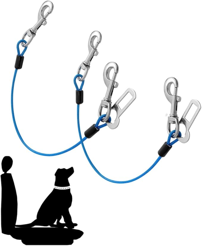 2 Pcs Car Seat Belt Harness for Dog, Dog Seatbelt Clips of Coated Wire Leash Safety Restraint, Metal No Chew Tether Cable Vehicle Dogs Accessories,Double Clips & Buckle Latch (Blue)