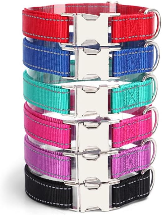 Reflective Dog Collar with Metal Buckle, Heavy Duty Nylon Dog Collars with Metal Quick Release Buckle and D Ring Adjustable for Small Medium Large Dogs or Cats Night Walking (Blue, Large)