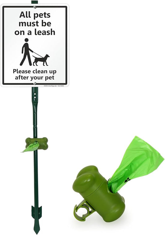 SmartSign All Pets On A Leash Please Clean Up After Your Pet Yard Sign & Clip-On Plastic Dispenser Combo/Kit, 10"x12" Aluminum Sign with 3ft Stake, Compact Dispenser Preloaded with a 15 Poop Bags Roll