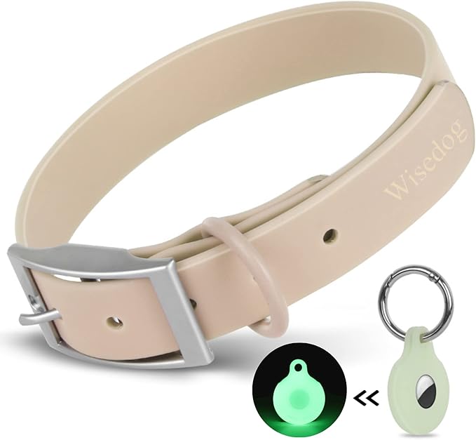 Wisedog Waterproof Dog Collar, Adjustable Soft Rubber Coated Webbing, Odor-Proof and Easy to Clean for Small Medium Large Dogs, with Airtags Case(L|15"-19" × 1 in, Sand Color)