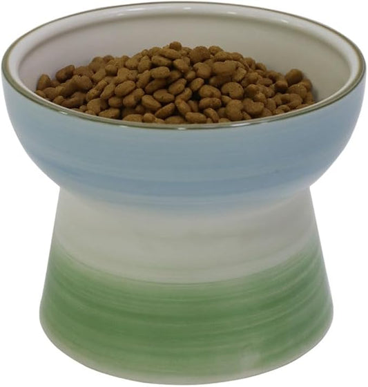 SYNWISH Elevated Cat Food Bowl, Raised Food and Water Bowl for Cat and Small Dog, Ceramic Water Bowls Dish No Spill,Whisker Fatigue Food Dish Dishwasher Safe,10 OZ,Blue & Green
