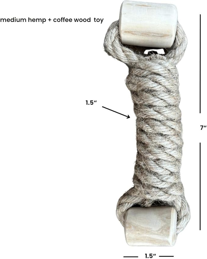 ROMNG Coffee Wood Dog Toy - Eco-Friendly, Durable, Non-Toxic Hemp Rope Dog Toy - Tough Chew & Tug Toy for Moderate Chewers - Safe Outdoor & Indoor Play for Medium Dogs, (1.5”x 7”x 1.5”)