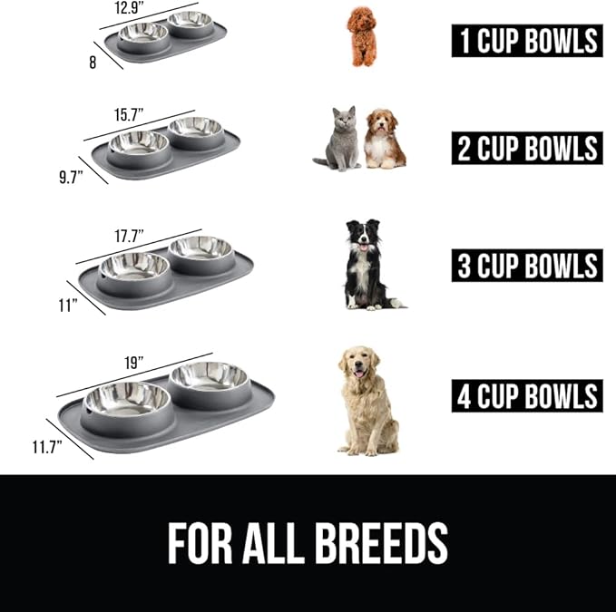GORILLA GRIP Feeding Mat Set, 3 Cup, Patent Pending 100% Waterproof BPA Free Silicone, Stainless Steel Cat and Dog Bowls, Slip Resistant, High Edges Catch Water Food, US Designed Pet Accessories, Gray