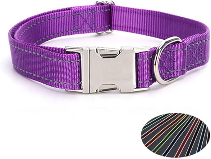 Reflective Dog Collar with Metal Buckle, Heavy Duty Nylon Dog Collars with Metal Quick Release Buckle and D Ring Adjustable for Small Medium Large Dogs or Cats Night Walking (Purple, Medium)