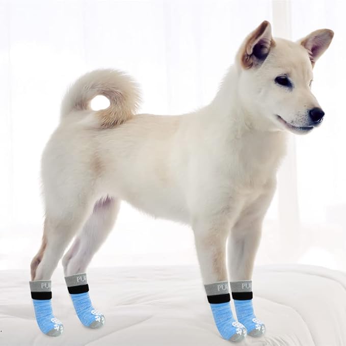 PUPTECK Anti-Slip Dog Socks with Double Sides Grips for Small Medium Large Dogs Hardwood Floors Prevents Licking, Dog Shoes for Hot Pavement Traction Control Paw Protector for Senior Dogs, Blue S